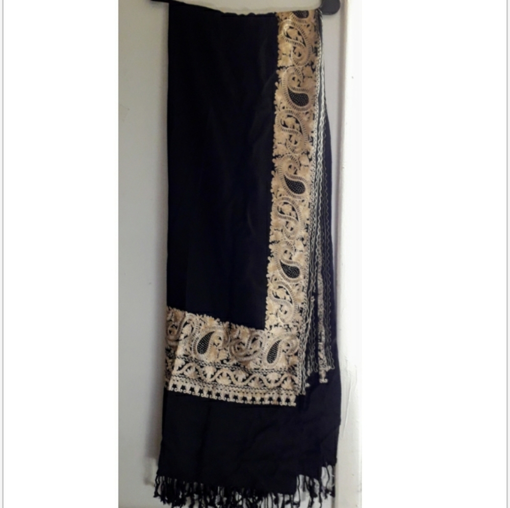 Scarf Black with Gold Embroidered Flowers